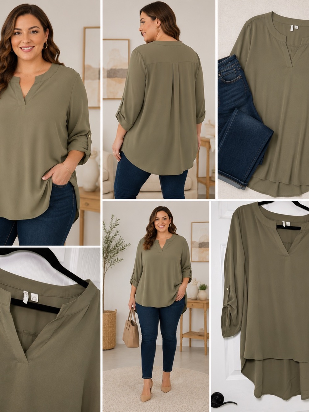 XL Olive Green V-Neck Roll-Sleeve Blouse
